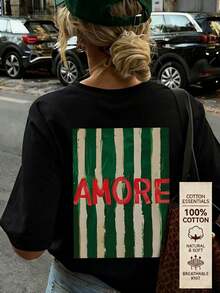 Vintage And Elegant Summer T-Shirt, Striped, English Print, Casual, Round Neck, White, Short Sleeves,  And Versatile, For Women, Summer Tops. - Black - View 1