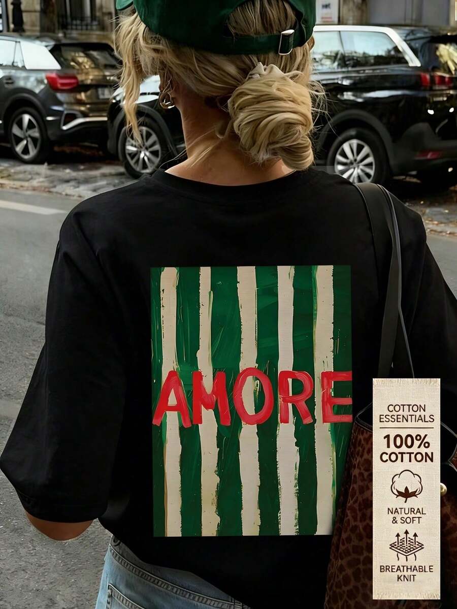 Vintage And Elegant Summer T-Shirt, Striped, English Print, Casual, Round Neck, White, Short Sleeves,  And Versatile, For Women, Summer Tops. - Black - View 1