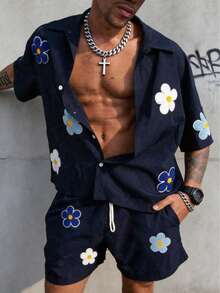 Men's Summer Beach Casual Fashion Set, Colorful Floral Summer Set, Simple Versatile Style - Navy Blue - View 6