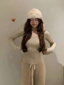 Women's V-Neck Ribbed Solid Color Long Sleeve Sweater - Oatmeal - View 2