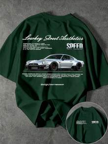 Men's Casual Short Sleeve Crew Neck T-Shirt With Street Racing Slogan Print - Green - View 1