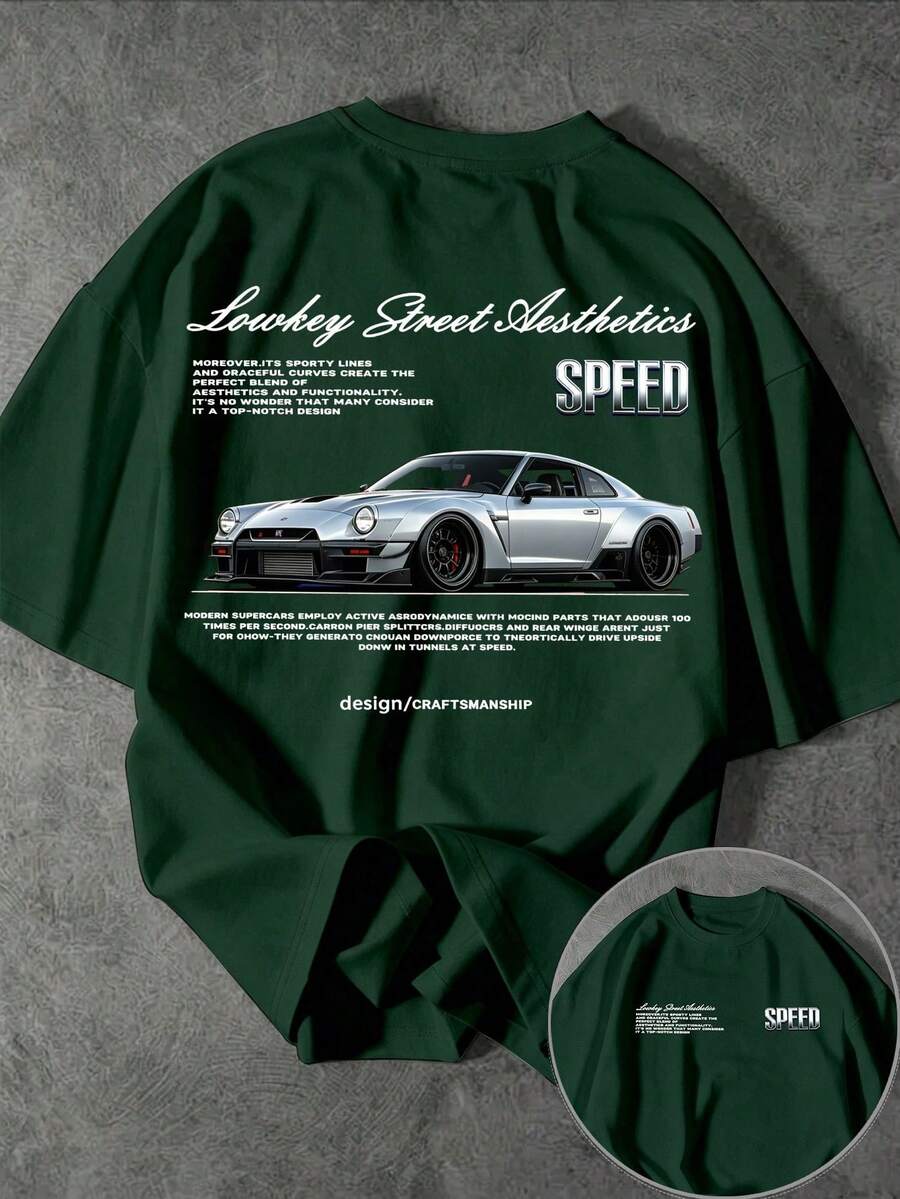Men's Casual Short Sleeve Crew Neck T-Shirt With Street Racing Slogan Print - Green - View 1