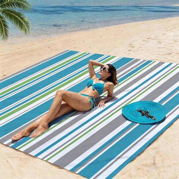 1pc Oversized Blue Green Grey Vertical Striped Sand-Proof Quick-Dry Beach Towel Mat, Suitable For 1-3 Adults - Lightweight, Durable Polyester Fabric - Perfect For Travel, Camping, Hiking And Leisure Beach Time, Beach Mat, Picnic Mat Camping Ground Cover