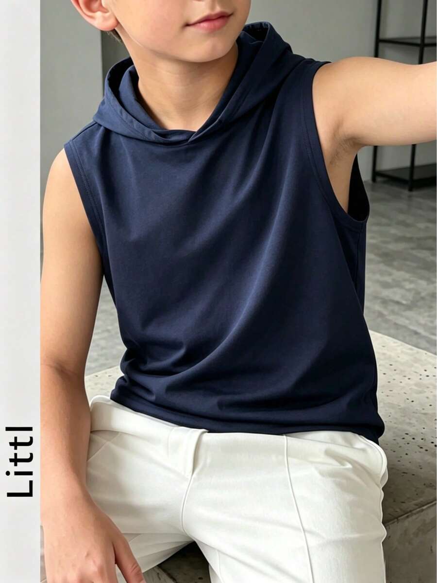 男童夏季无袖连帽T恤,时尚休闲,纯色百搭,时尚上衣,适合旅行、度假、露营,生日礼物佳选,户外活动的理想之选 - 藏蓝色 - 查看 1