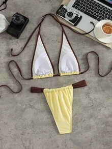 春夏女款性感熱辣純色對比比基尼，透氣高彈力面料，適合復活節、音樂節、情人節；女款度假穿著；女款優雅沙灘泳衣；沙灘泳衣，夏季女款比基尼沙灘套裝 - 彩色 - 查看 4
