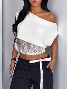 Casual Loose Lace Shoulder Strap Solid Color T-Shirt, Versatile Daily Wear, Summer White - White - View 6
