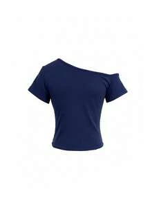 Fashion Asymmetric Collar Short Sleeve Fitted Cropped T-Shirt Summer - Navy Blue - View 10