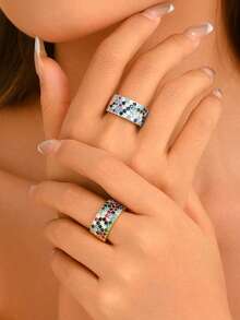 1pc European & American Fashion Style Wide Band Full Pave Colorful Galaxy Rhinestone Ring, Suitable For Women's Daily Street Party Banquet Wear, Couple Ring, Birthday Valentine's Day Holiday Gift - Multicolor - View 1