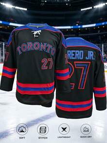 KTYSDE Men's #27 Hockey Jersey, Toronto Letter Embroidery Patchwork Design Hockey Sweatshirt, Loose V-Neck Long Sleeve Pullover Sportswear, Suitable For Autumn/Winter, Daily, Party, Christmas Gift, Team Training, Christmas Present Black Spring - Black - View 1