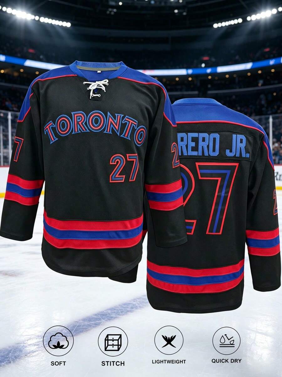 KTYSDE Men's #27 Hockey Jersey, Toronto Letter Embroidery Patchwork Design Hockey Sweatshirt, Loose V-Neck Long Sleeve Pullover Sportswear, Suitable For Autumn/Winter, Daily, Party, Christmas Gift, Team Training, Christmas Present Black Spring - Black - View 1
