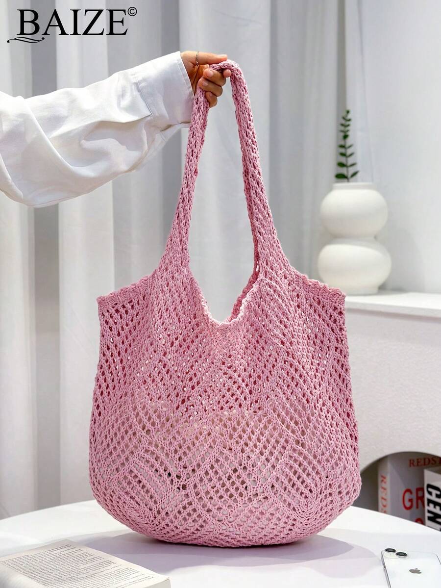 ENBEI 2026 春夏度假風女款沙灘包，手工編織肩帶，鉤編大容量托特包，可折疊，優雅鏤空女用手提包，旅行必備，適合約會、出遊、購物、度假、遊船，母親節、情人節、開學季完美禮物