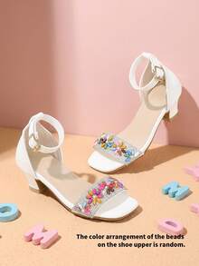1 Pasang Sandal Hak Tinggi Musim Panas Baru untuk Anak Perempuan, Dekorasi Manik-Manik Warna-warni dengan Rhinestone Perak, Gesper Ujung Persegi Ujung Terbuka Sepatu Putri Manis, Cocok untuk Pesta, Pertunjukan, Belanja, Dipadukan dengan Gaun - Putih - View 2