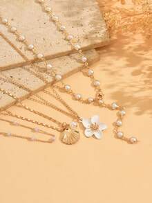 4pcs Luxury High-End Multi-Layer Stacked Collarbone Chain Fashion Shell Drip Glaze Flower Pendant Y-Shaped Long Necklace Charming Women's Neck Jewelry Suitable For Daily Wear And Party Music Festival Gathering Chain Cut By Length With Variable Number Of Sections - Multicolor - View 3