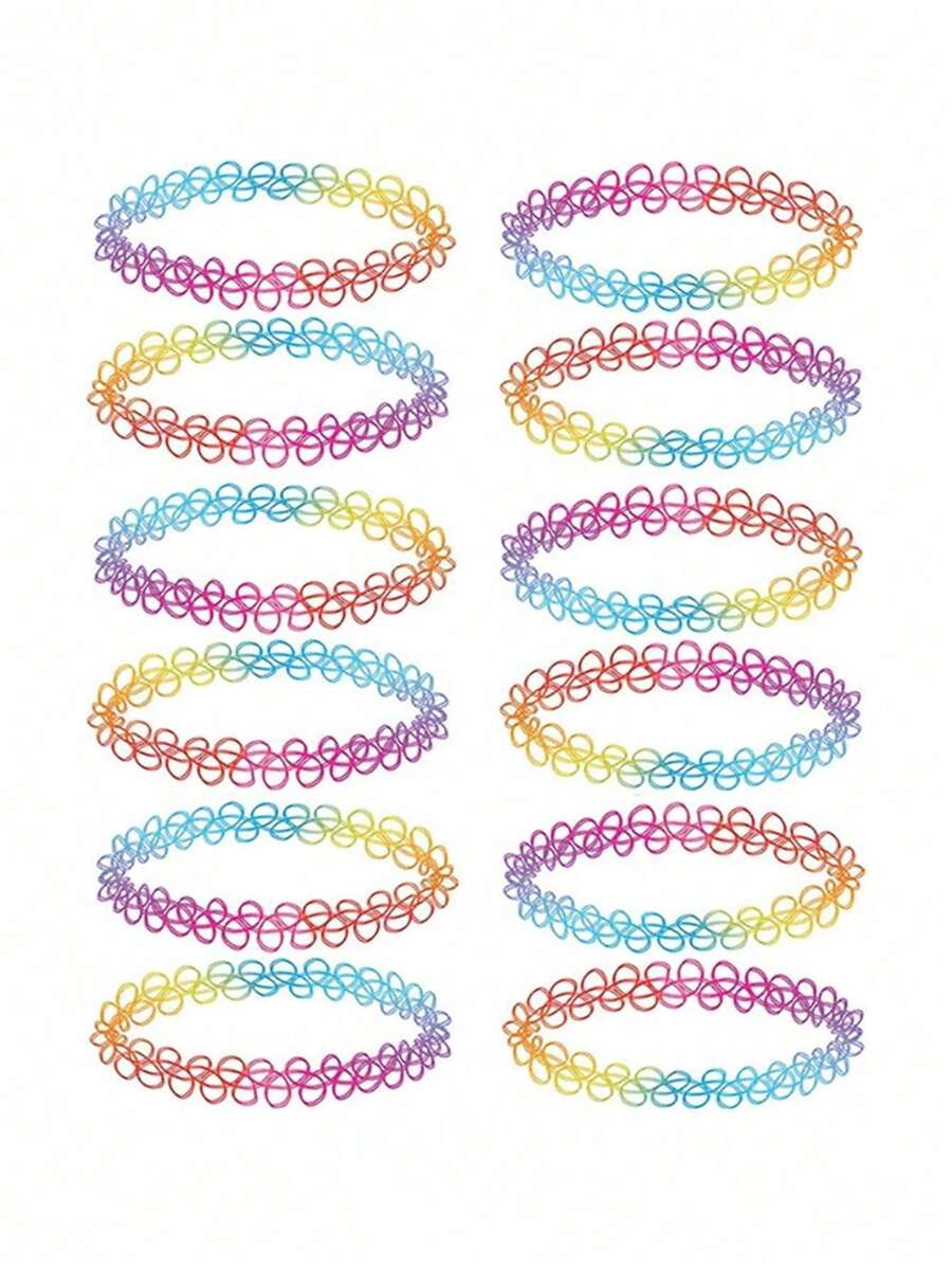 12pcs/Set Rainbow Elastic Bracelets, Colorful Party Favors, Girls Accessories, Daily Wear, Halloween & Back To School Decoration - Multicolor - View 1