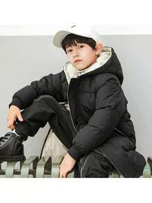 Young Boy Winter Warm Hooded Mid-Length Coat, Suitable For Boys And Girls Of All Ages - Black - View 1