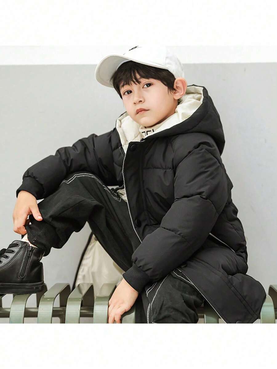 Young Boy Winter Warm Hooded Mid-Length Coat, Suitable For Boys And Girls Of All Ages - Black - View 1