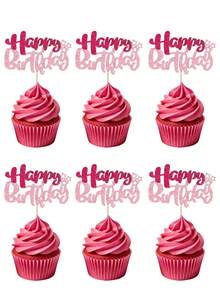 24/12/1 pieza Adornos para cupcakes de cumpleaños con brillo rosa, decoración de pastel de fiesta de cumpleaños, palillos para postres, suministros de repostería, regalos para fiestas en el hogar y cocina, adornos para postres, accesorios para fotos, accesorios para fiestas - Inserto para pastel de cumpleaños color rosa - Ver 2