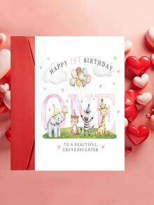 1 pièce "Happy 1st Birthday" Carte d'animal de safari avec enveloppe, design de jungle à l'aquarelle, carte de vœux pour le 1er anniversaire de la petite-fille, cadeau de célébration de jalon, intérieur vierge - Voir 6