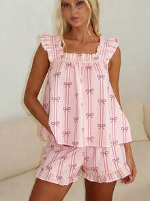 Women Summer Pajama Set Solid Flying Sleeve Tank Tops And Ruffle Shorts 2 Piece Casual Lounge Outfit - Pink - View 2