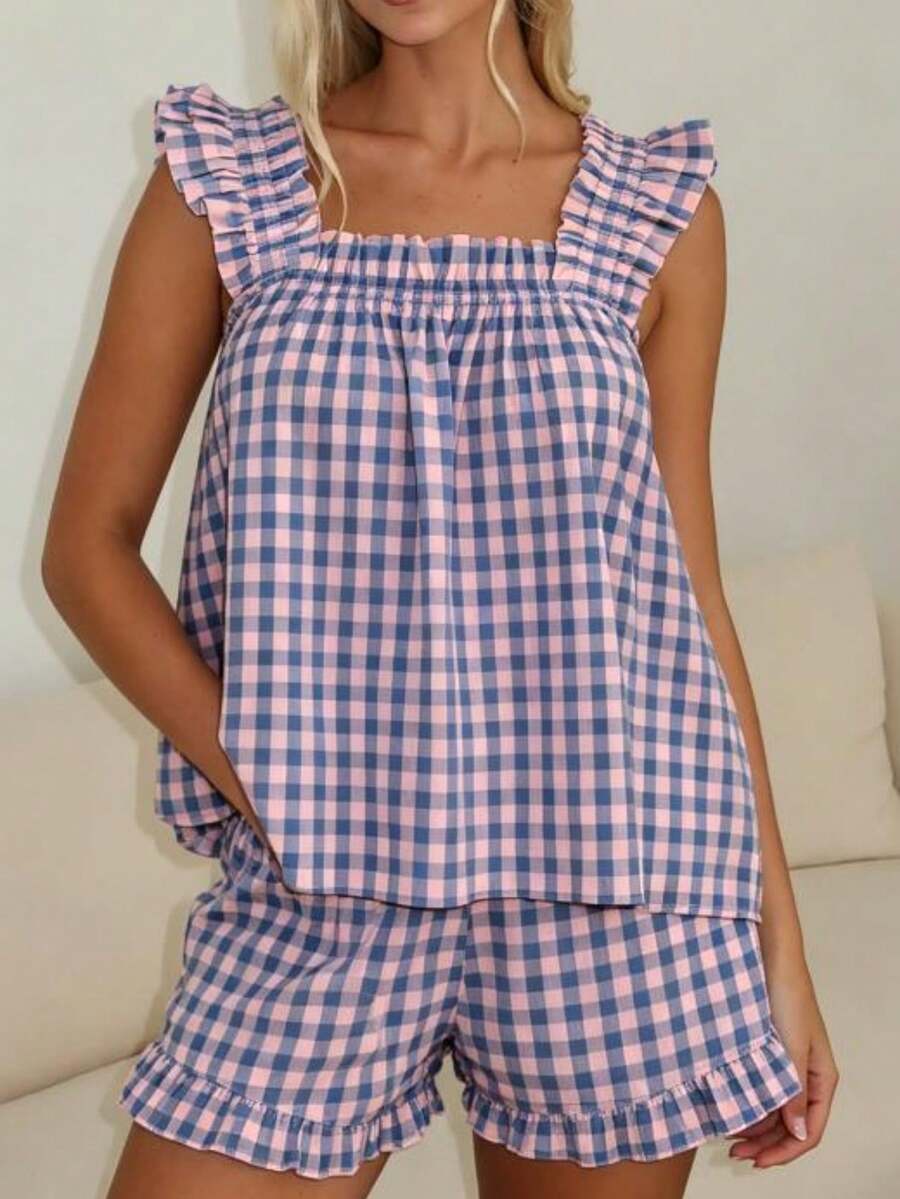 Women Summer Pajama Set Solid Flying Sleeve Tank Tops And Ruffle Shorts 2 Piece Casual Lounge Outfit - Purple - View 1