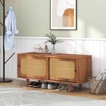 Scarpiera in rattan con 2 ante / Scarpiera moderna / con ripiano regolabile / Scarpiera elegante / Facile da pulire e montare / Per ingresso, soggiorno e camera da letto, 104*40*48 cm - Noce - Visualizzare 10