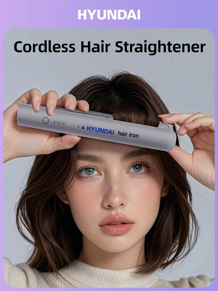 HYUNDAI 2-In-1 Mini Wireless Tourmaline Ceramic Hair Curler/Straightener, Smart Constant Temperature, Portable Micro-Coil Hair Straightener/Curler, Convenient For Business Travel