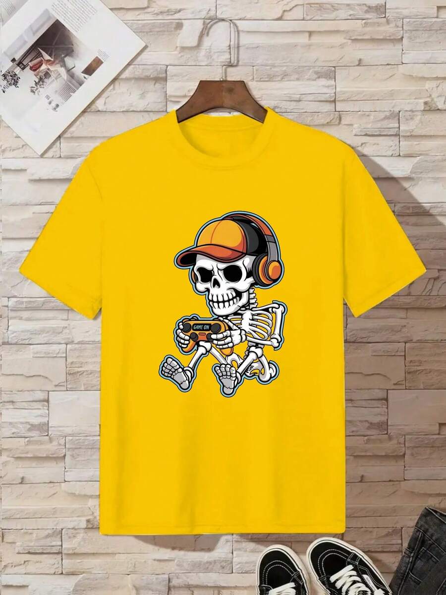 August 11, 2025, Summer T-Shirt For Boys With Skull Print, Casual Short Sleeve T-Shirt For Kids - Yellow - View 1
