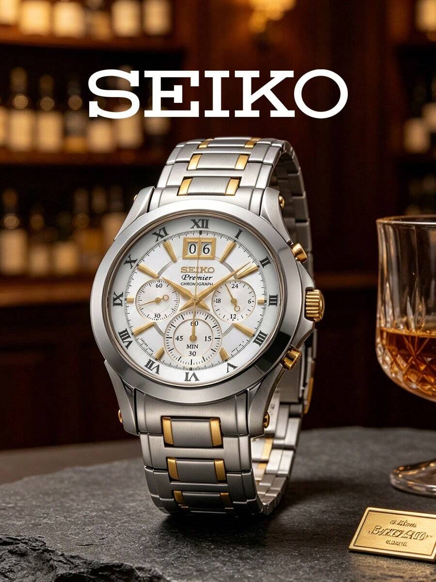 Seiko Men's Quartz Chronograph Dress Watch White Dial Roman Numerals Oversized Date Window Three Sub Dials Two Tone Steel Bracelet Elegant Gift for Office - 銀色 - 查看 1