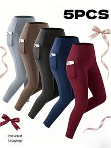 OKP 5Pcs Soft Stretch High Waist Leggings With Pockets, Sports Pants For Summer Holiday Outfit - Multicolor - View 2