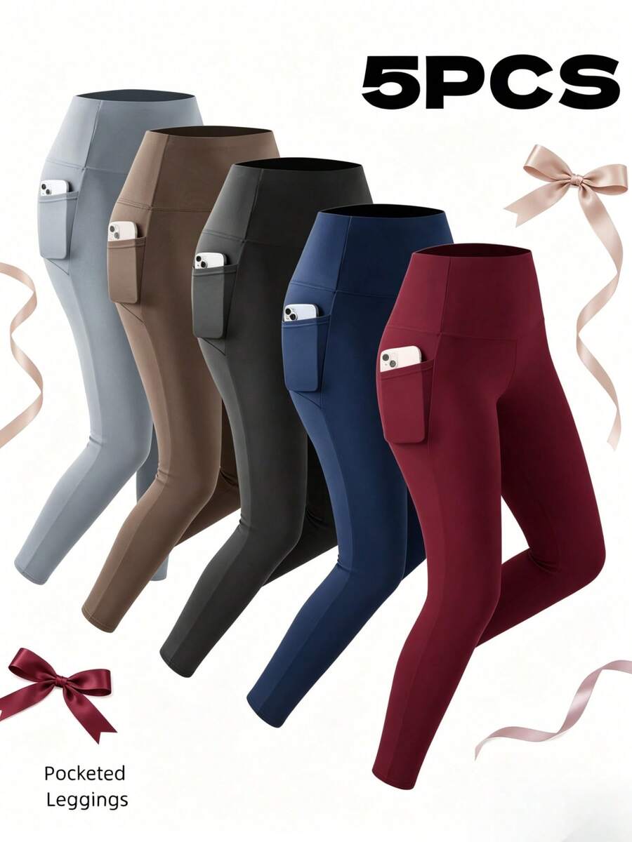 OKP 5Pcs Soft Stretch High Waist Leggings With Pockets, Sports Pants For Summer Holiday Outfit