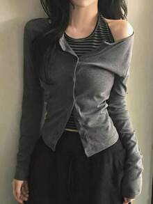 Atasan Kaos Lengan Panjang Bergaris Model Camisole Berlapis Vintage Musim Gugur 2026 untuk Wanita - Dark Grey - View 1