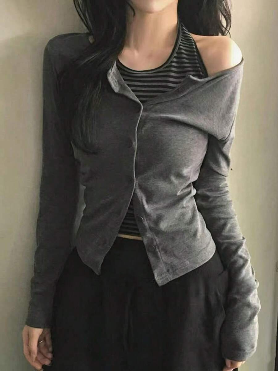 Atasan Kaos Lengan Panjang Bergaris Model Camisole Berlapis Vintage Musim Gugur 2026 untuk Wanita - Dark Grey - View 1