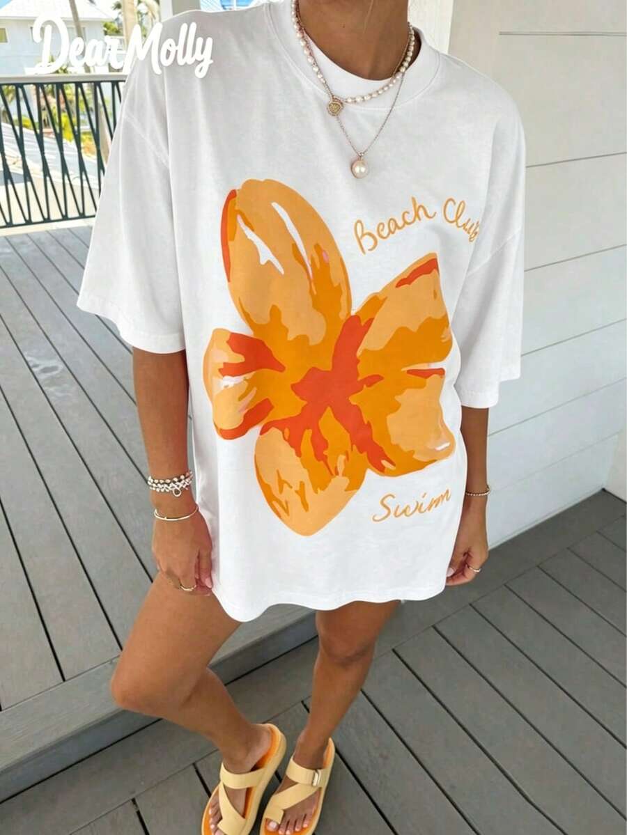 Tops Women Summer DEAR MOLLY Beach Club Swim Hibiscus Print T-Shirt,Casual Loose Round Neck Drop ShoulderShort SleeveTee,Daily Wear,&ComfortableY2k - 白色 - 查看 1
