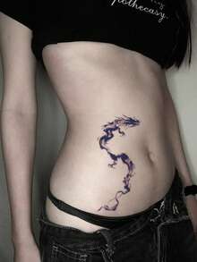 1 Pc Oriental Ink Dragon Herbal Temporary Tattoo, 7-14 Day Durable Waterproof Fake Tattoo Sticker, Traditional Chinese Style Dragon Body Decoration, Perfect For Ribcage, Streetwear & Party Occasions - Black - View 3