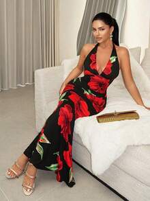 YijiaNvz   Vestido de sirena con cuello halter y encaje sexy - Burdeos - Ver 4