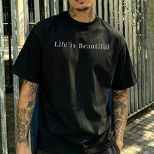 -Men's T-Shirt % Cotton, Crew Neck, Short Sleeve, White, With Print La Is Beautiful, Minimalist Style, Urban Casual For Summer Everyday Use. - Black - View 1
