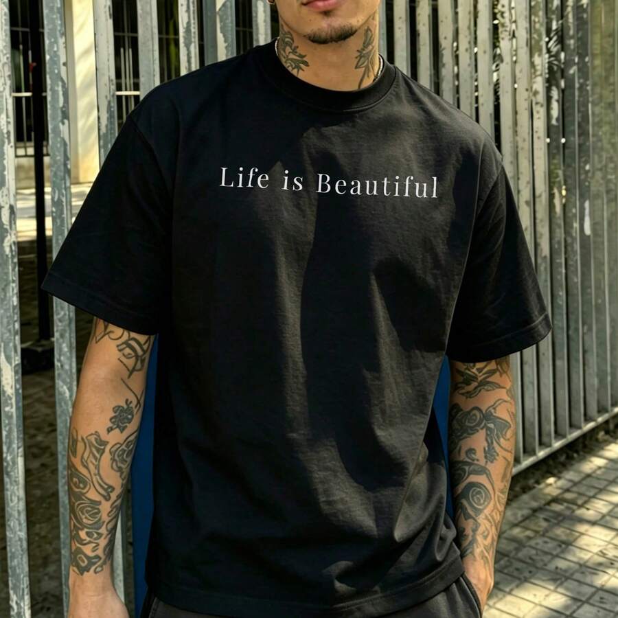 -Men's T-Shirt % Cotton, Crew Neck, Short Sleeve, White, With Print La Is Beautiful, Minimalist Style, Urban Casual For Summer Everyday Use. - Black - View 1