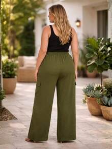 Women's Plus Size Tailored Cargo Pants With Wide Legs - 墨綠色 - 查看 3