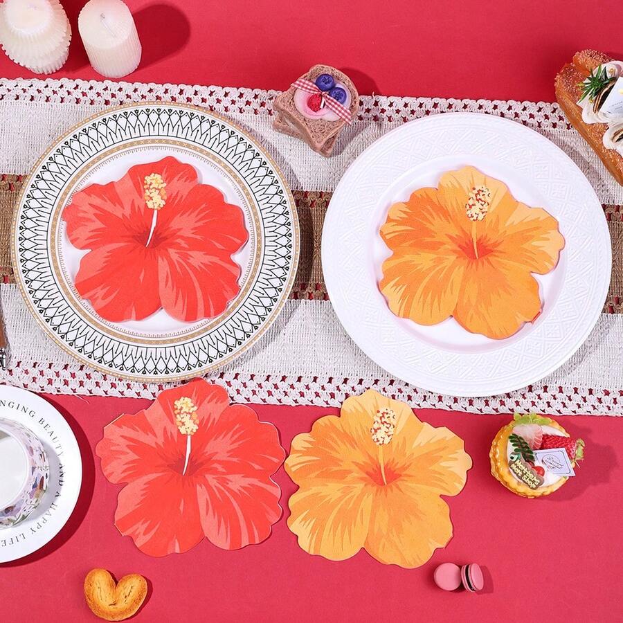20/40/60 Peças, Guardanapos em Formato de Flor de Hibisco Havaiana, 2 Camadas, Descartáveis, Estampa de Hibisco Vermelho e Laranja, Suprimentos de Mesa para Aloha Luau, Churrasco de Verão, Decorações para Festa na Piscina e Luau, Churrascos na Praia, 13*13 Polegadas - Visão 1