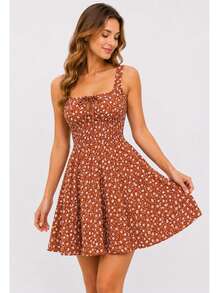Women's Short Floral Dress With Wide Straps, Fitted Waist, Lightweight, Casual - 棕色磁磚 - 查看 2