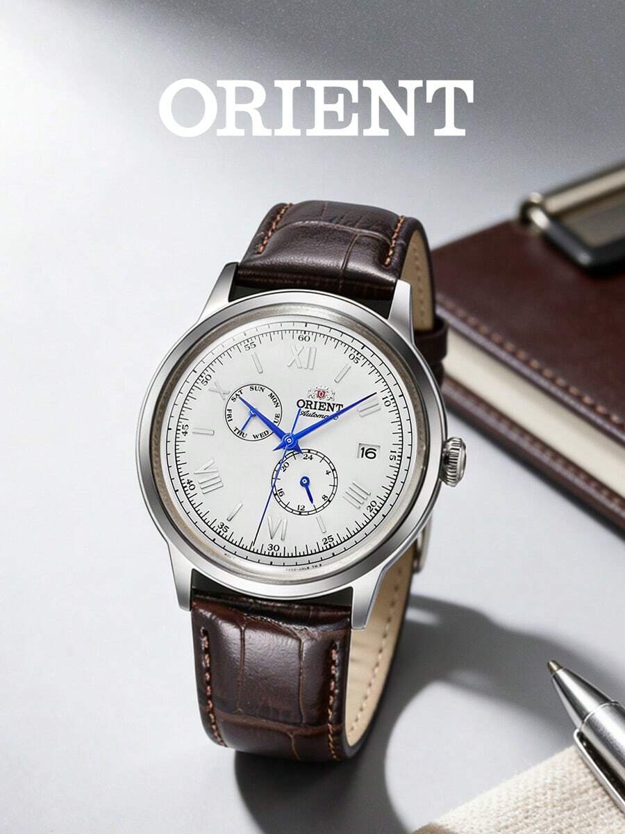 Orient Men's Bambino V8 Auto Watch, White Dial Roman Numerals Black Leather Strap Day-Date 3ATM WR RA-AK0701S10B - Silver - View 1