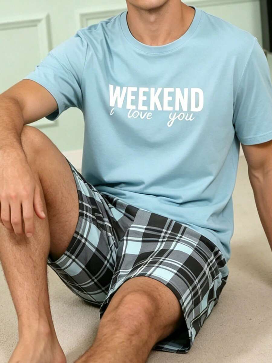男士 WEEKEND 字母印花短袖上衣與格紋短褲睡衣套裝，2 件式舒適居家服套裝 - 彩色 - 查看 1