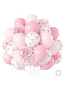 60pcs Pink Bow Balloons, 12-Inch Light Pink And Clear Latex Balloons With Bow Pattern, Suitable For Baby Shower, Girls Birthday Party, Princess Theme Party Decoration - Multicolor - View 4