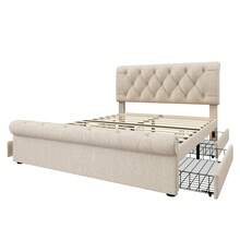 Flieks Double Bed Upholstered Bed 140x200cm, Bed Frame With 4 Drawers And Height-Adjustable Headboard, Chesterfield Functional Bed, Natural, Without Mattress - Apricot - View 6