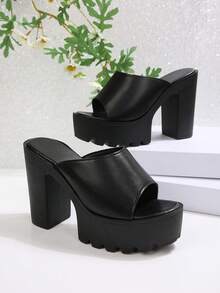 SHIHUA 1 Pair Sexy PU Leather Chunky Heel Open Toe Casual High Heel Sandals Slippers For Outdoor Spring Summer - Black - View 6