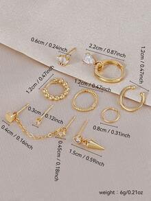9pcs Inlaid Cubic Zirconia Eight-Pointed Star Earring Set, Multiple Ear Piercing Earrings Set, Suitable For Women's Daily Wear, Dating, Party And Gathering - Yellow Gold - View 2