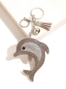 1pc Rhinestone Dolphin Tassel Keychain, Geometric Pattern Boho Zinc Alloy Keyring, Suitable For All Seasons - Light Blue - View 8