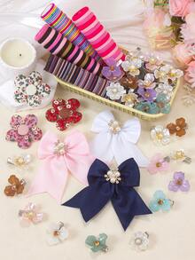 178pcs Vintage Atmosphere Girls Hair Accessories Set, Pearl Rhinestone Solid Color Hair Clips, Pearl Ditsy Floral Flower Hairpins, Shiny 3D Clover Alligator Hair Clips, Side Clips, High Elasticity Towel Scrunchies, Thin Hair Ties, Daily Match Party Headwear - Multicolor - View 7