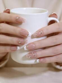 10pcs Nude White French Tip Handmade Press On Nails Luxury Gold Trim & Pearl Rhinestone Decor Coffin Short False Nails Bridal Nail Art For Women Reusable Fake Nail Tips - White - View 5
