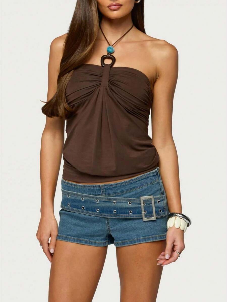 Women's Y2k Summer Halter Tank Tops Ring Neckline Solid Color Sleeveless Backless Ruched Crop Vest For Party Club Streetwear - Dark Brown - View 1